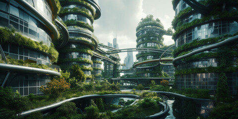 Ecological green city with futuristic architecture, future modern creative architecture city landscape, creative building exterior, concept of balance with nature, generated ai
