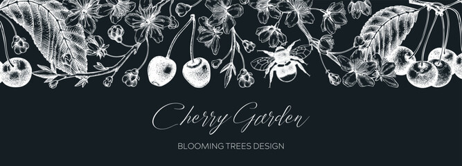 Spring background on chalkboard. Cherry blossom tree border in sketch style. Vector banner with hand drawn cherry berries, leaves, flowering branches illustrations. Vintage Sakura banner design