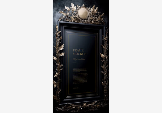  Black and Gold Picture Frame Mockup with a Solid Black Background Generative AI