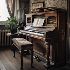 Fototapeta na wymiar A Grand Old Piano in a Musical Room: An Antique Instrument and Wooden Keys With a Picture on the Wall: Generative AI
