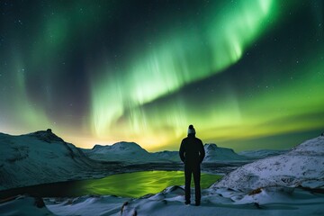 A Silent Witness In An Enchanting Light: Witnessing the Northern Lights From the Mountains. Generative AI