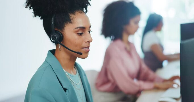 Contact us, crm or black woman in a call center consulting, communication or speaking of loan advice at office desk. Telemarketing, customer support or African agent helping a life insurance client
