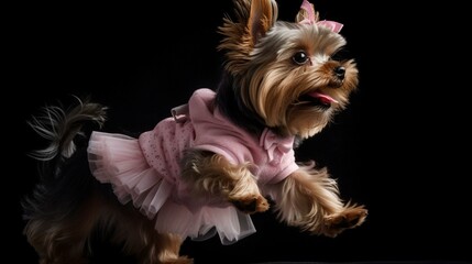 A Yorkie wearing a tutu and ballet shoes, leaping gracefully through the air Generative AI