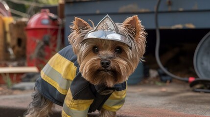 A Yorkie wearing a firefighter's helmet and holding a hose, standing in front of a burning doghouse Generative AI
