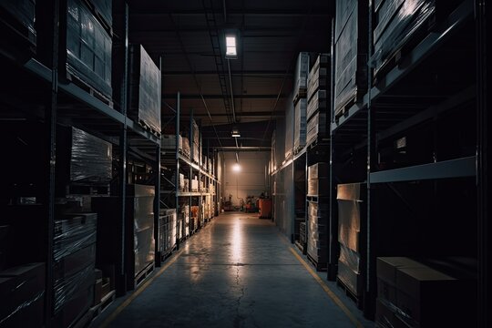 Logistics Supply Workshop: Huge Warehouse Facility with Dark Grunge Storage Units and Neon Lights: Generative AI