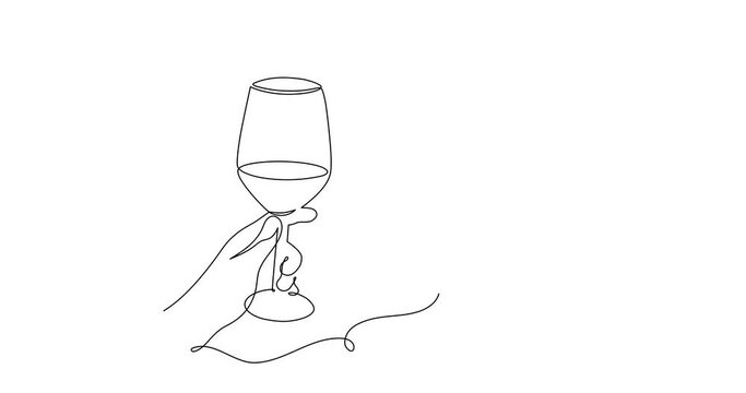 Hands hold wine clinking glass one line animation art,continuous drawing contourmotion.Cheers toast festive video hand drawn decoration for holidays,romantic Valentine's Day design.4k movie