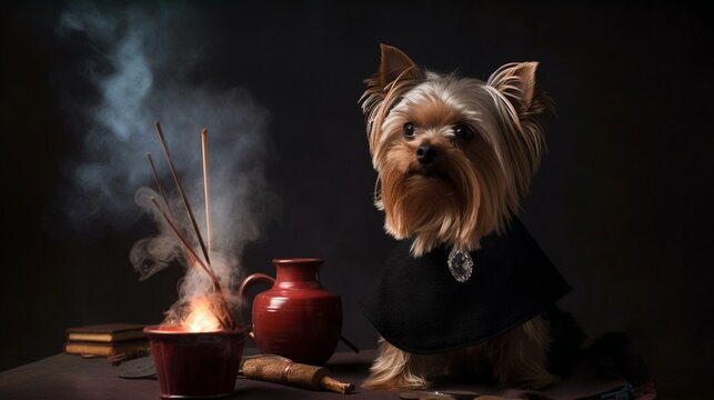 A Yorkie dressed as a wizard, casting a spell with a wand and smoking cauldron nearby Generative AI
