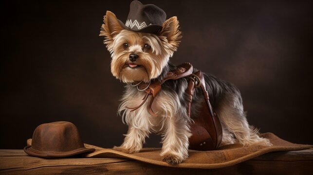 A Yorkie Wearing A Cowboy Hat And Boots, Sitting On A Saddle Atop A Giant Bone Generative AI