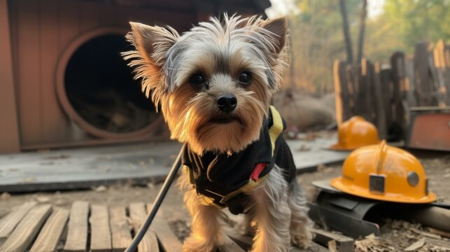 A Yorkie wearing a firefighter's helmet and holding a hose, standing in front of a burning doghouse Generative AI