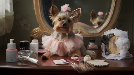 A Yorkie dressed as a ballerina, sitting at a dressing table and applying makeup Generative AI