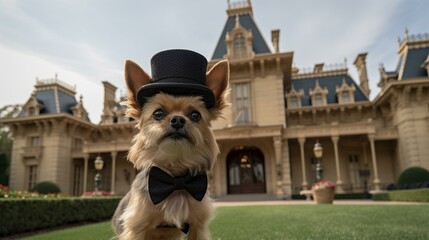 A Yorkie wearing a top hat and monocle, holding a cane and standing in front of a grand mansion Generative AI