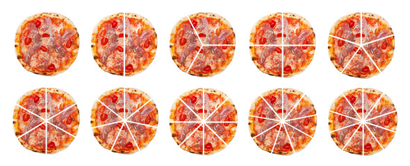 Set of ten fractions made of pizza cut into pieces isolated on white background - obrazy, fototapety, plakaty