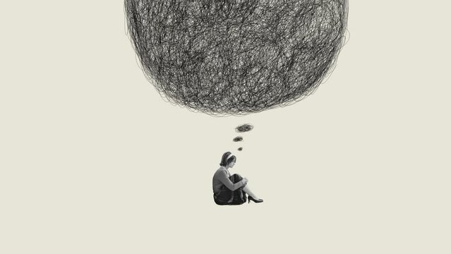 Young woman suffering from obsessive tangled thoughts. Mental disorders, breakdown. Stop motion, animation. Concept of psychology, inner world, mental health, feelings. Conceptual art