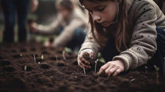 Close up kid hand planting young tree on black soil. Generative AI.