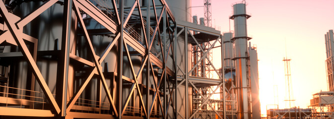 Large panoramic of a retro chemical plant at sunset with large chimney stacks 3d render