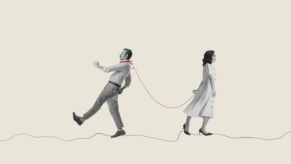 Young woman holding man on thread. Manipulation in relationship. Female control over man. Stop motion, animation. Concept of psychology, inner world, mental health, feelings. Conceptual art