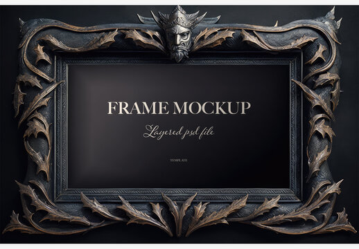 Detailed Wooden Picture Frame Mockup with a Warrior SkullGenerative AI