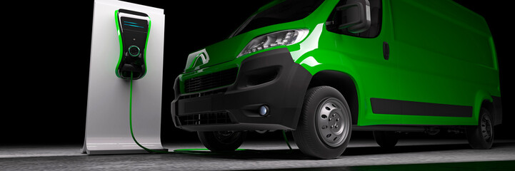 Conceptual green electric work van being charged 3d render - obrazy, fototapety, plakaty