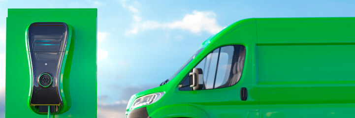 Conceptual green electric work van being charged 3d render - obrazy, fototapety, plakaty