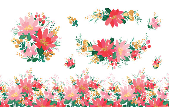 Vector isolated floral designs with cute flowers. Templates for card, poster, flyer, t-shirt, home decor and other
