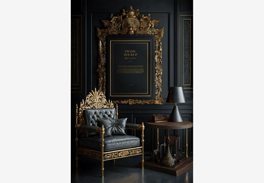 Luxurious Black and Gold Room with Frame Mockup with Leaves and Ornaments Generative AI