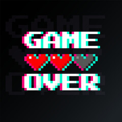 Game over art design isolated on background. Retro game backdrop. Glitched lines noise. Art for game design.