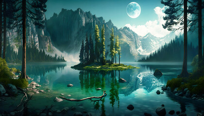 A lake surrounded by mountains and trees, generative AI