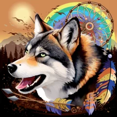 Abwaschbare Fototapete Zeichnung Wolf Wild Animal with Native Dreamcatchers on Wild Blue Mountains Landscape Round Vector Logo Illustration isolated on white.