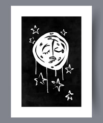 Portrait face star space wall art print. Wall artwork for interior design. Contemporary decorative background with space. Printable minimal abstract face poster.