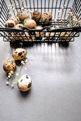 Obraz premium Happy easter template with decor of monochrome easter eggs on gray background.Mockup design for invitation, postcard, menu, flyer, banner, poster.Easter card,easter banner