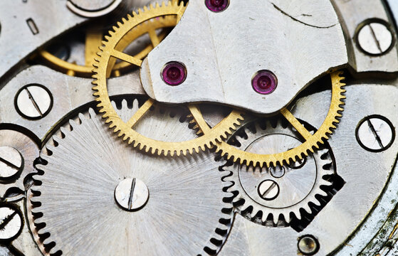 Cogwheels inside clockwork closeup