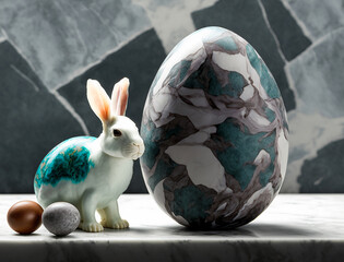 Easter Bunny on marble background with large Easter Egg, minimalist portrait, generative ai