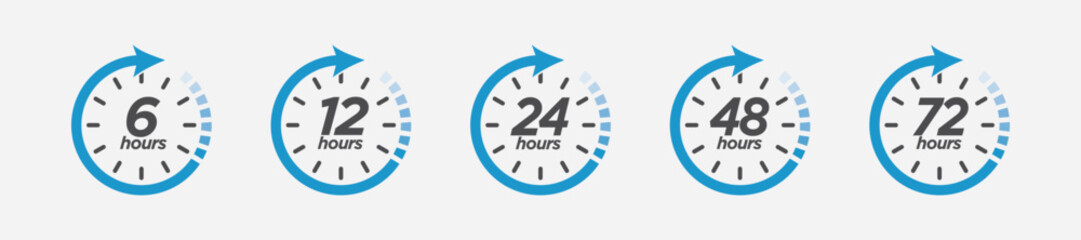 6, 12, 24, 48, 72 hours clock arrow. symbol work time, delivery and service time, isolated on blue , vector icon.