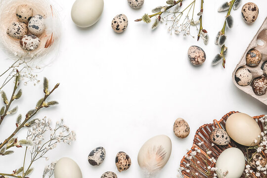 Happy easter flat lay composition with eco friendly easter eggs decor on white background. Layout design for invitation, card, flyer, banner, poster. Easter card, Easter eco organic banner