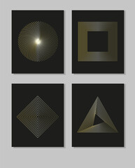 Modern cover, frame design set. Luxury geometry vector illustrations with golden geometry elements. Shapes from lines. Creative premium vector background for business catalog, brochure cover template.