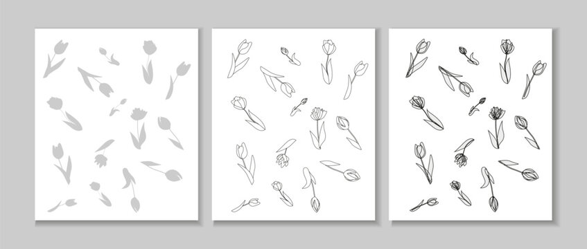 Set of floral templates with outline flowers. Tulips patterns. For design, announcements, greeting and invitation cards. Paper cards with pink outline tulips with shadows. Templates on grey background
