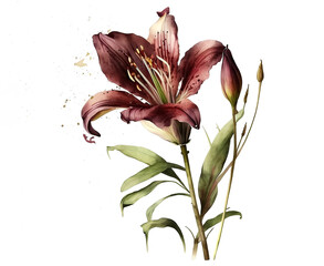 Watercolor illustration of burgundy lily on isolated white background created with Generative AI technology