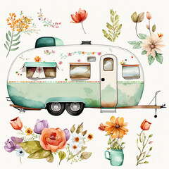 Set clip art watercolor camping generative ai