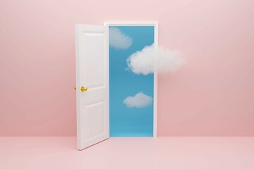 White fluffy clouds going through open door, objects isolated on blue background. Modern minimal concept. 3d rendering 