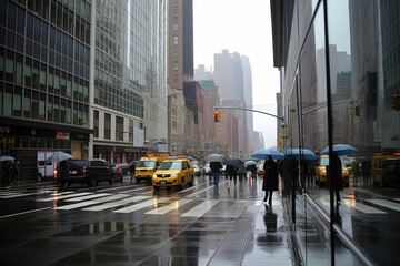 Fototapeta premium rainy new york street busy day, generative AI