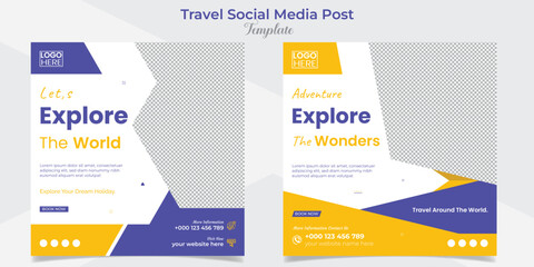 Travel and tourism social media post and square flyer post banner template design set