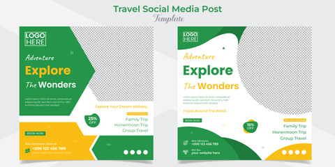 Travel and tourism social media post and square flyer post banner template design set