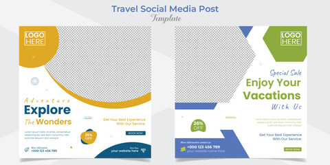 Fototapeta na wymiar Holiday travel and tourism square flyer post banner and social media post template design set
