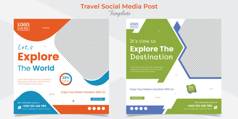 Explore tour and travel social media post and square flyer post banner template design set