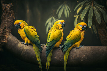 Obraz premium Three yellow parrots on a tree in the rainforest with Generative AI technology