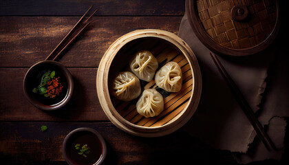 Traditional chinese dumplings served in the wooden bamboo steamer, Top View with Generative AI Technology