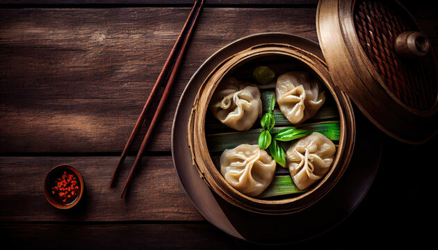 Traditional chinese dumplings served in the wooden bamboo steamer, Top View with Generative AI Technology