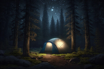 Tent with light  in the night forest,  eco vacation in nature. Rest place in forest, Modern outdoor recreation concept. AI generative.