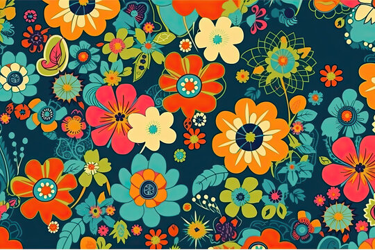 Pattern with bright flowers in the style of the 60s. Generative AI.