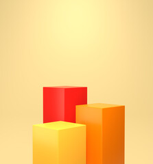 Three colorful cube podiums on an isolated background, yellow orange red geometric forms, round realistic pedestal, cosmetic showcase, template, copy space, advertising, product display, 3D Rendering